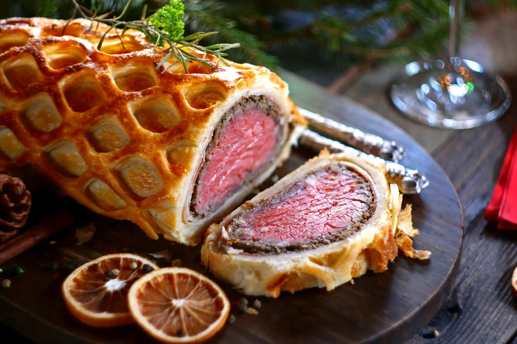 Classic Beef Wellington on cutting board