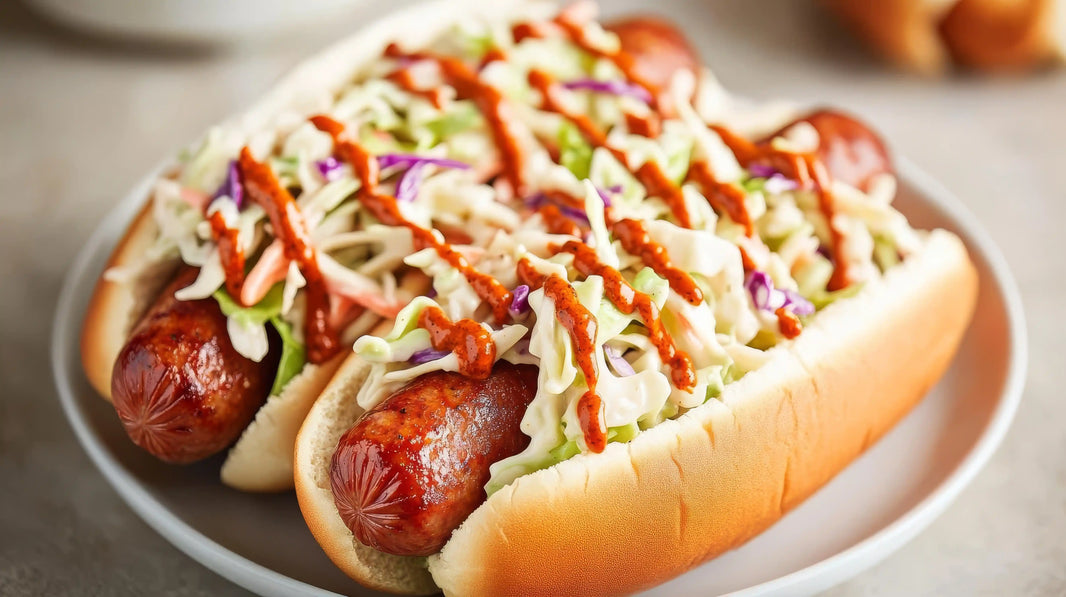 BBQ-glazed grilled hot dog topped with spicy cabbage slaw and served in a toasted bun.