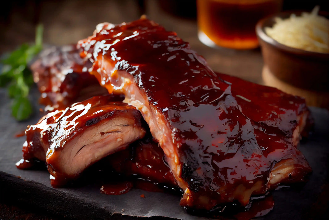 Blackberry-glazed baby back ribs brushed with barbecue sauce and grilled until caramelized.