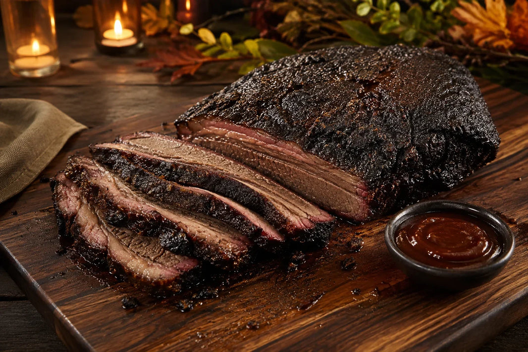 Sliced BBQ Beef Rub smoked Wagyu brisket with dark bark and barbecue sauce on a Thanksgiving table