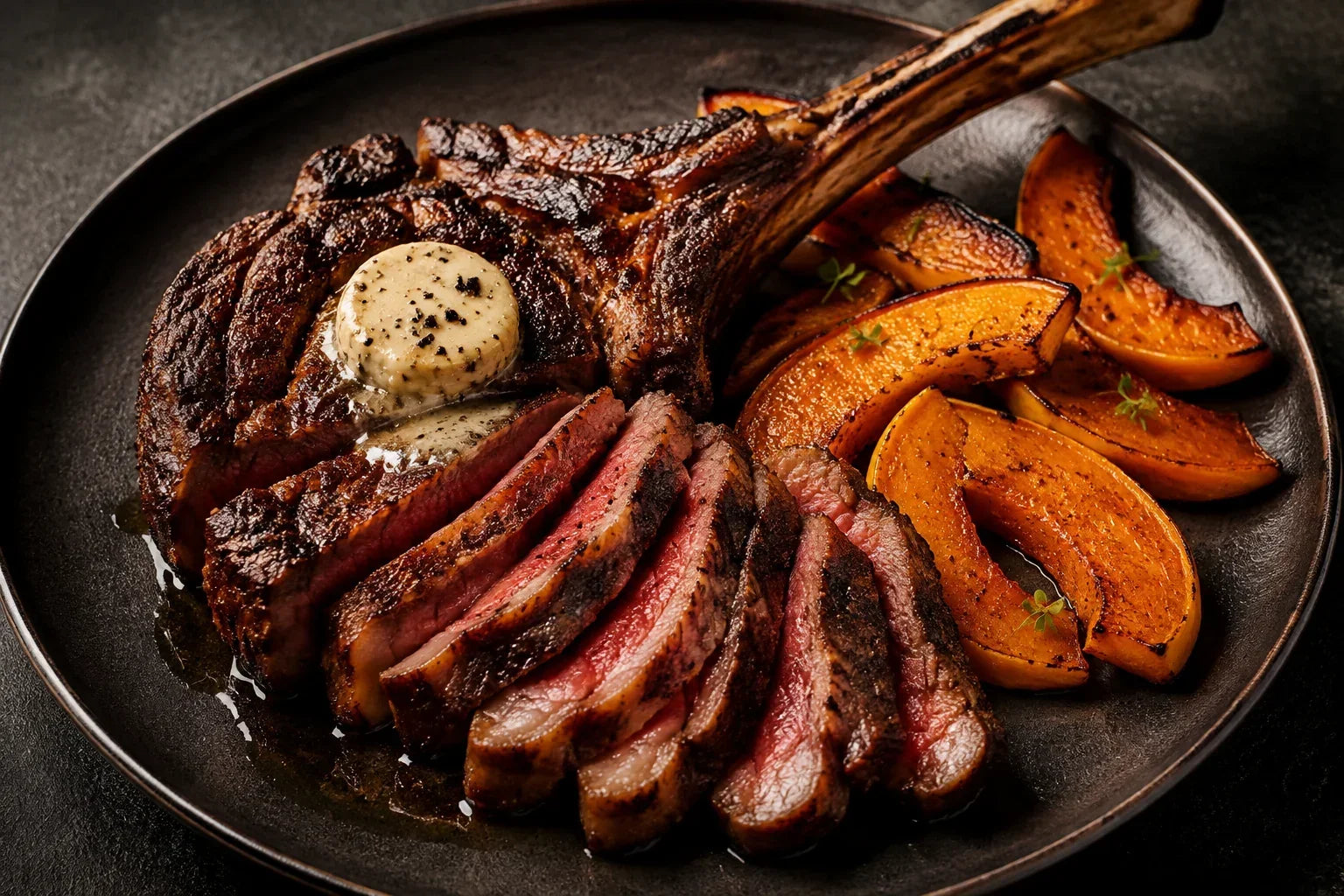 BBQ beef-rubbed Wagyu tomahawk with truffle butter and roasted butternut squash