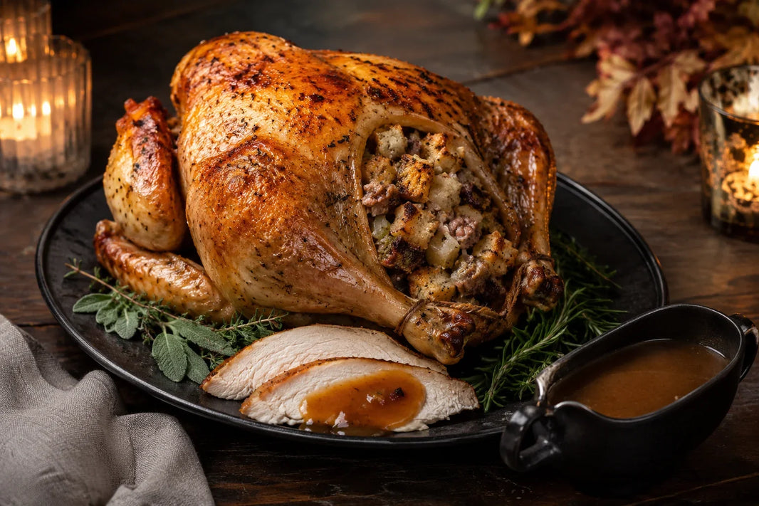 Bell & Evans roast chicken with sausage-chestnut stuffing and poultry demi-glace gravy on a Thanksgiving table