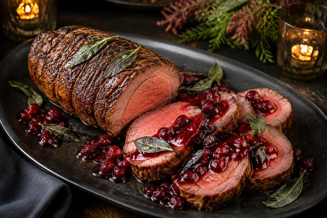 Sliced brown butter and sage Wagyu tenderloin with cranberry-bourbon reduction on a holiday table