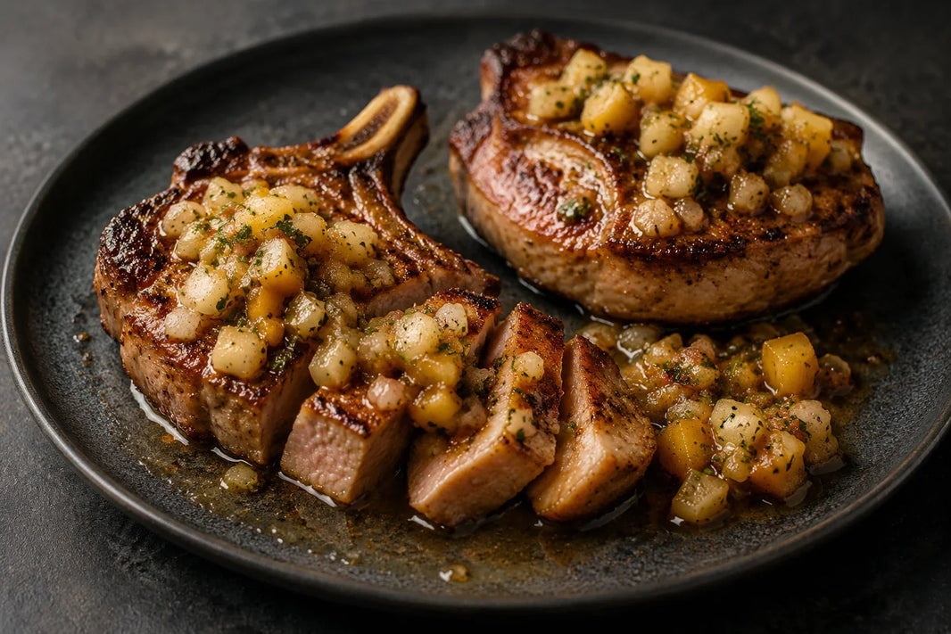 Cider-brined Heritage Berkshire pork chops topped with mojo apple chutney