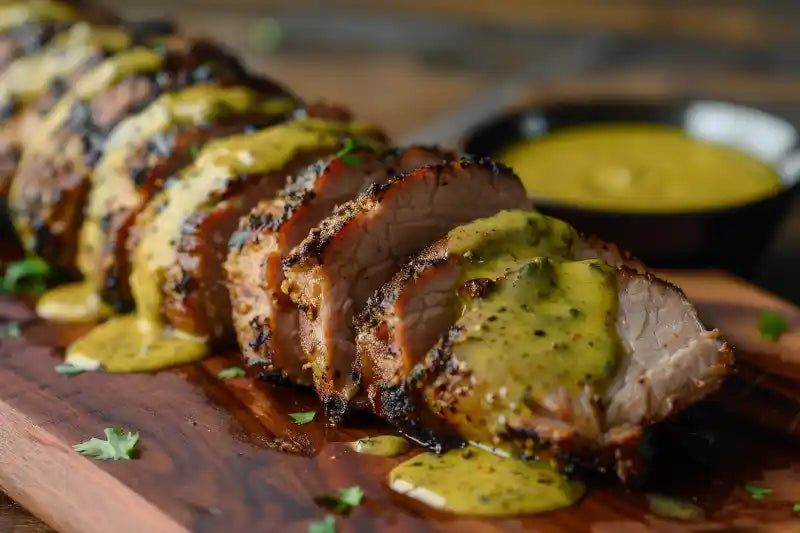Sliced grilled pork tenderloin served with green beans, baby kale, grape tomatoes, and grainy mustard vinaigrette.