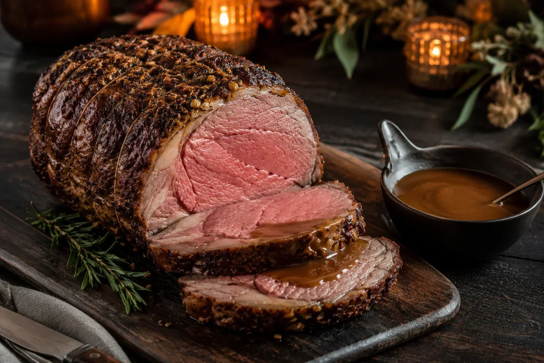 Sliced herb and garlic prime rib roast with poultry demi-glace pan gravy on a Thanksgiving table