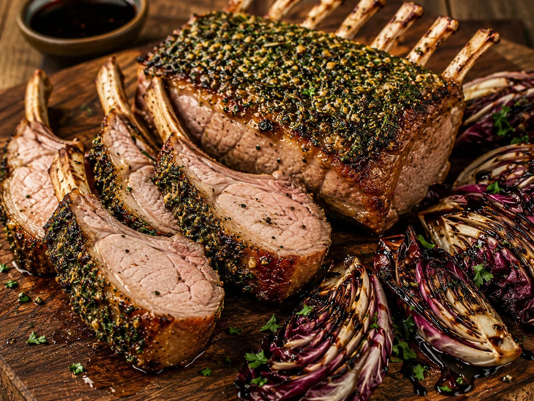 Heritage Berkshire 8 Bone Rack is grilled with a fresh rosemary, parsley, garlic, and Dijon herb crust, then served with smoky grilled radicchio and balsamic glaze.
