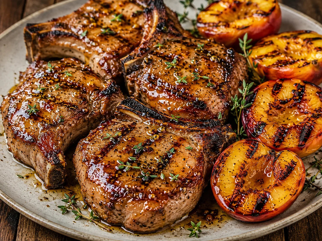 Heritage Berkshire pork rib chops with honey-thyme glaze and grilled nectarines