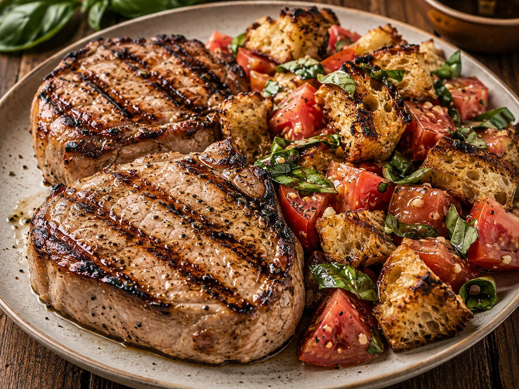 Grilled Heritage Berkshire pork ribeye roast steaks with tomato basil panzanella