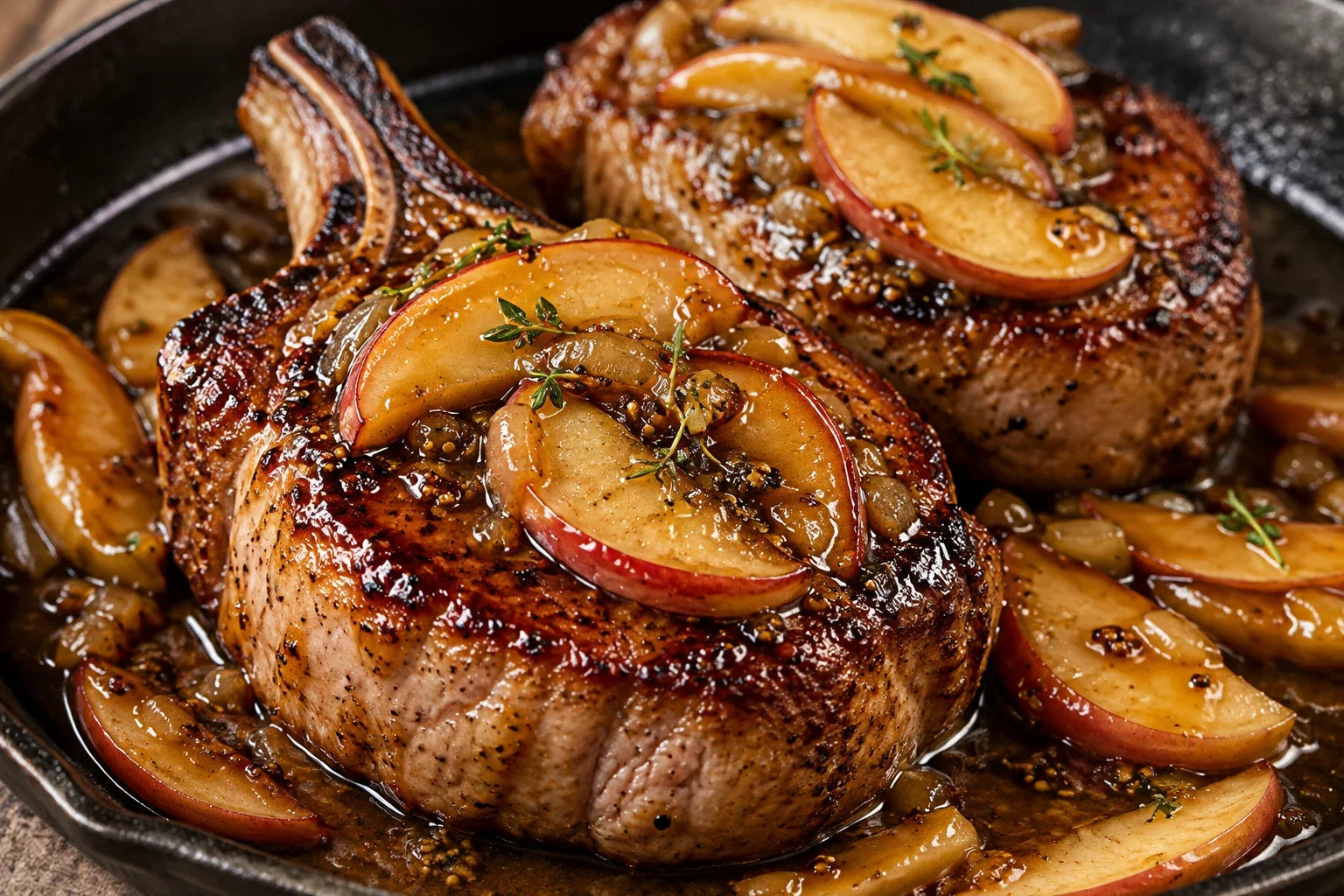 Heritage Berkshire rib chops with apple-bourbon glaze and sliced apples