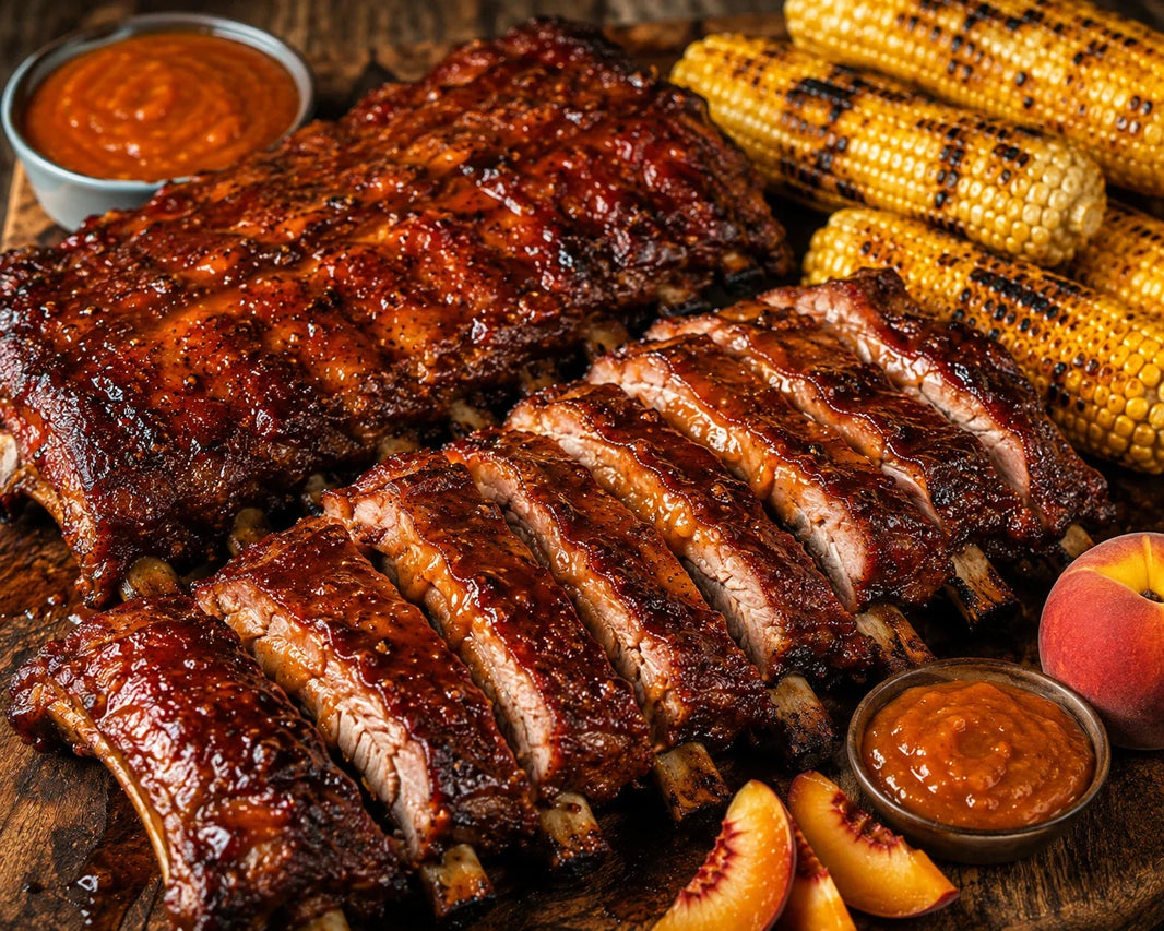 Heritage Berkshire St. Louis ribs with Georgia peach BBQ sauce and grilled sweet corn