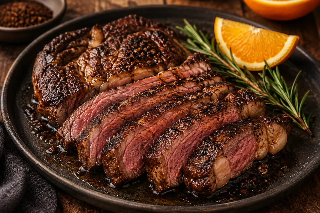Reverse-seared Wagyu ribeye with espresso-chili crust, rosemary, and fresh orange