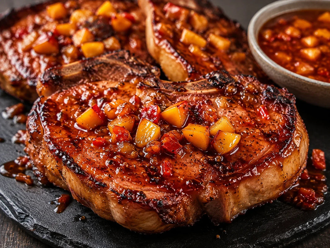 Smoked Berkshire pork ribeye steaks with peach-habanero BBQ sauce