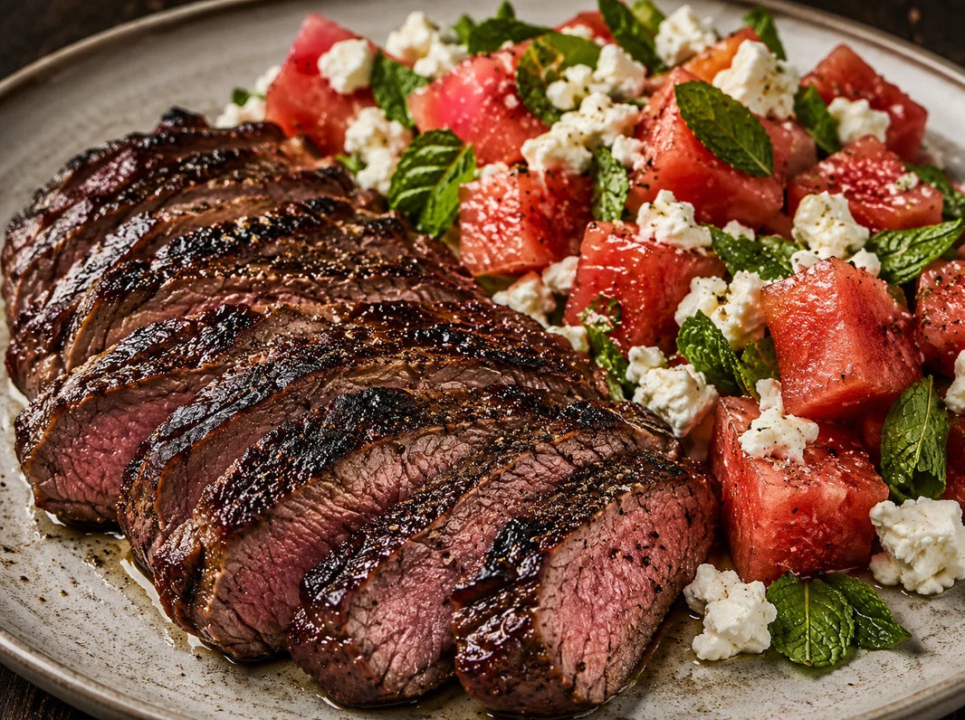 Sliced smoked Wagyu coulotte with watermelon, feta, and fresh mint salad