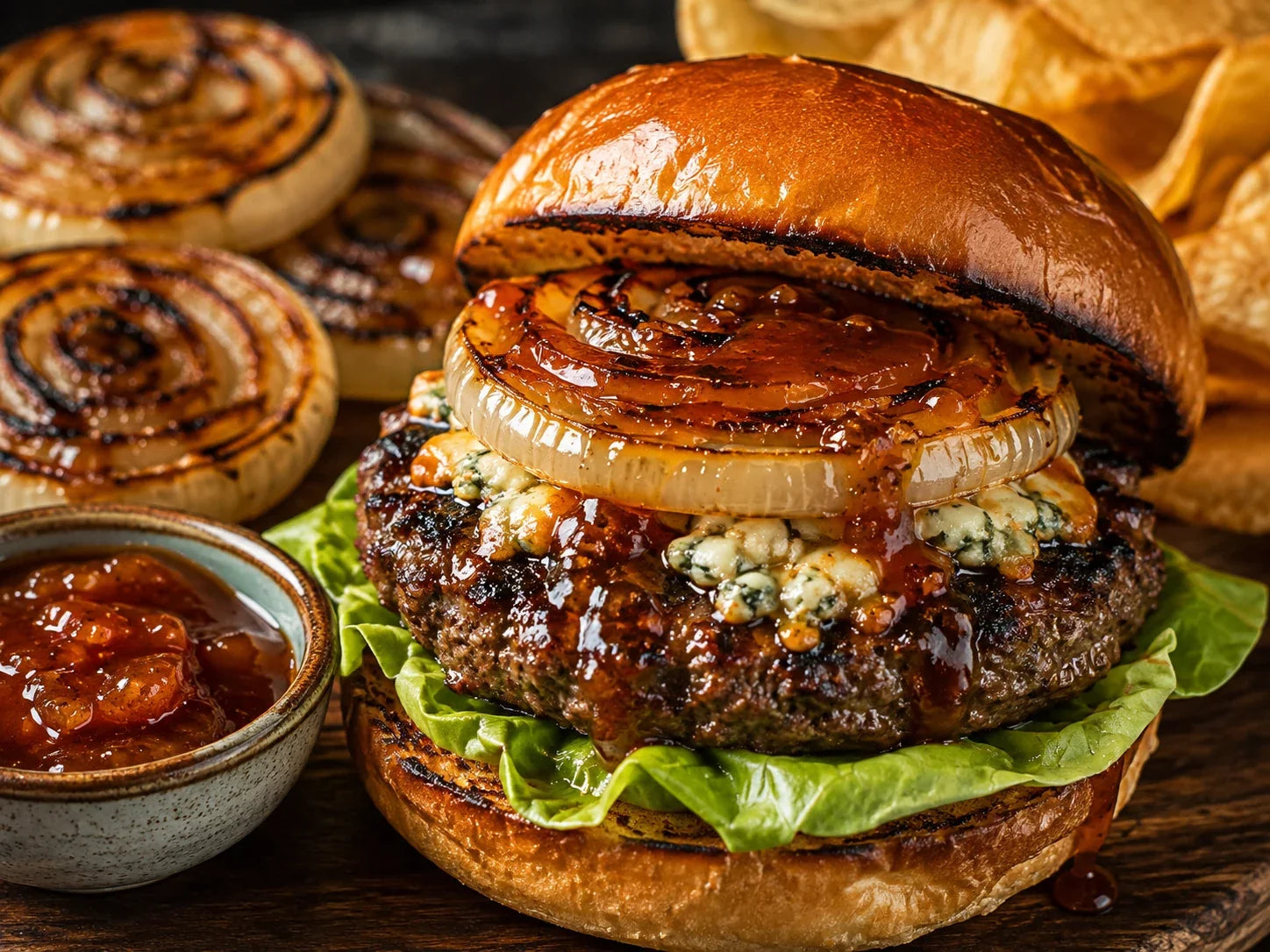 Wagyu Cajun bleu cheese burger with grilled Vidalia onion and peach BBQ sauce