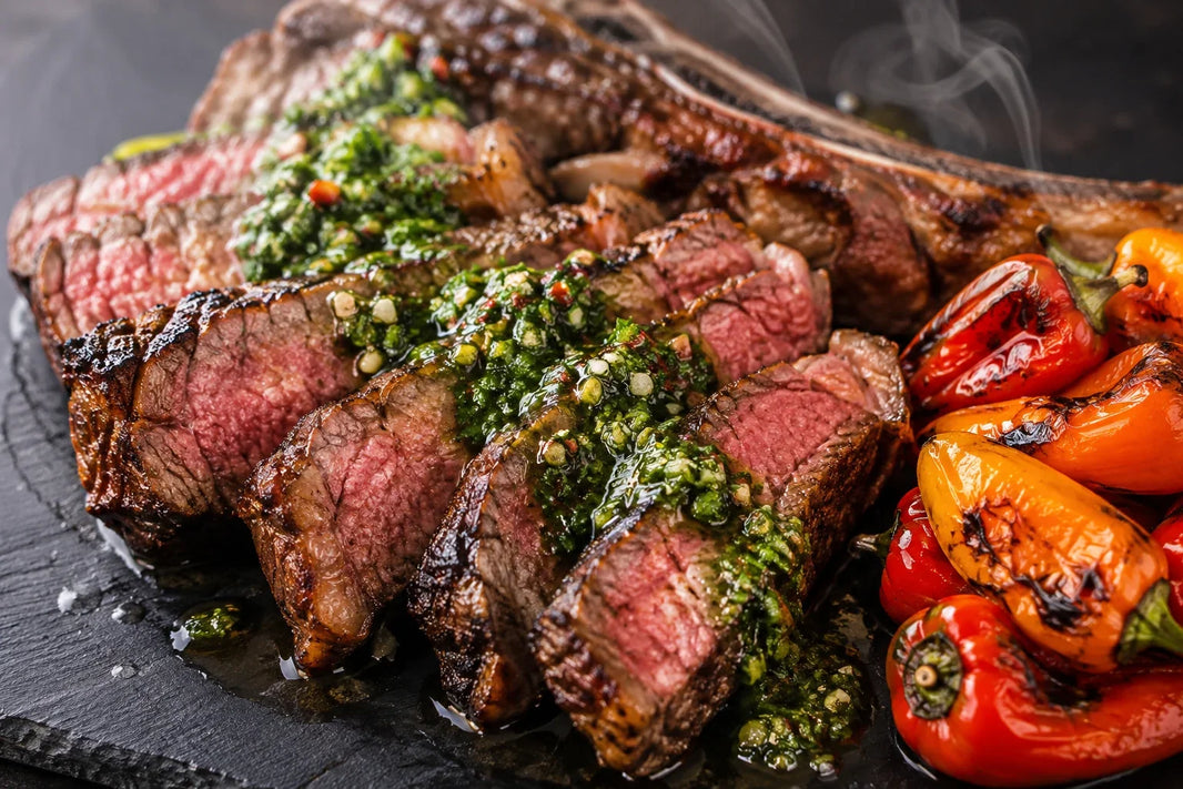 Sliced Wagyu cowboy steak with chimichurri and grilled peppers