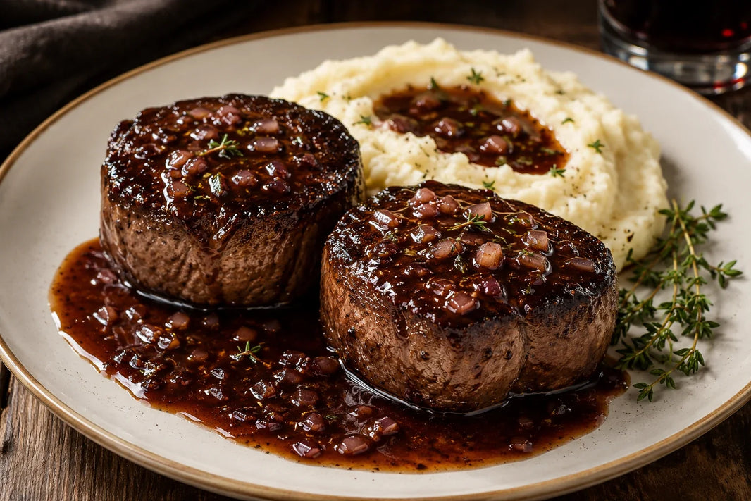 Wagyu filet mignon with red wine-shallot demi-glace and mashed potatoes