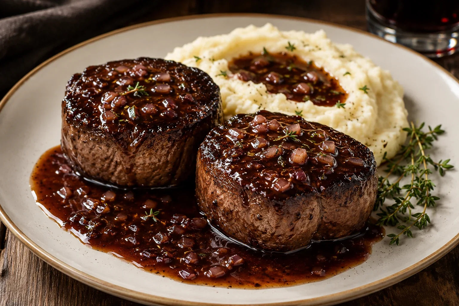 Wagyu filet mignon with red wine-shallot demi-glace and mashed potatoes