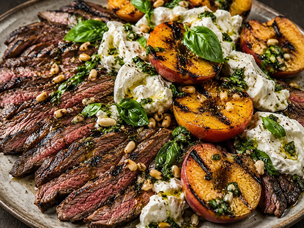 Sliced Wagyu flank steak with grilled peaches, burrata, basil oil, and toasted pine nuts