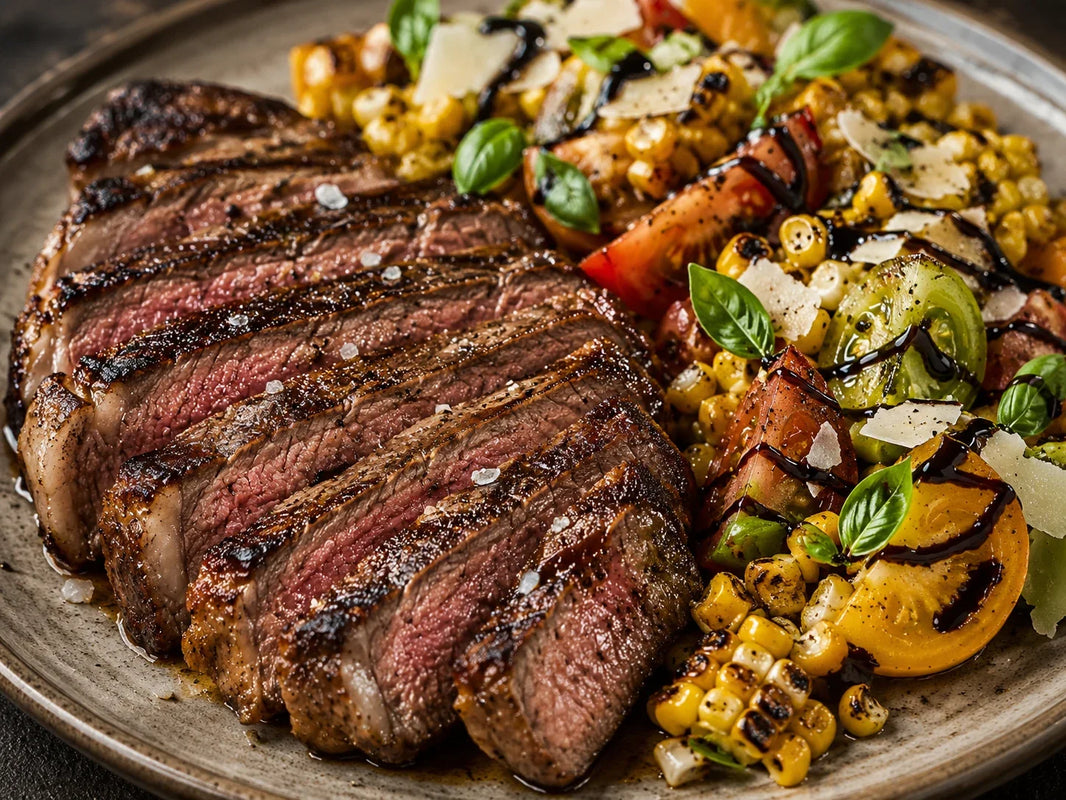 Sliced Wagyu N.Y. strip with charred corn, heirloom tomato, basil, and Parmesan salad