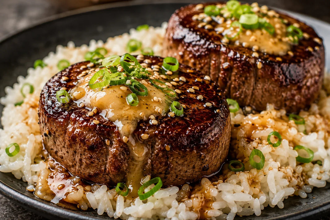 Wagyu sirloin baseball cut steaks with miso-butter glaze, scallions, sesame seeds, and jasmine rice