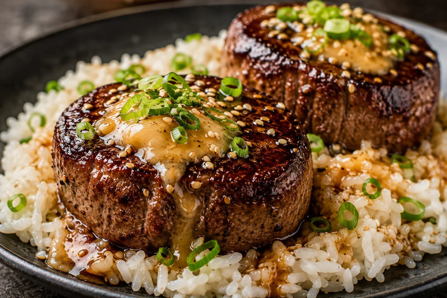 Wagyu sirloin baseball cut steaks with miso-butter glaze, scallions, sesame seeds, and jasmine rice