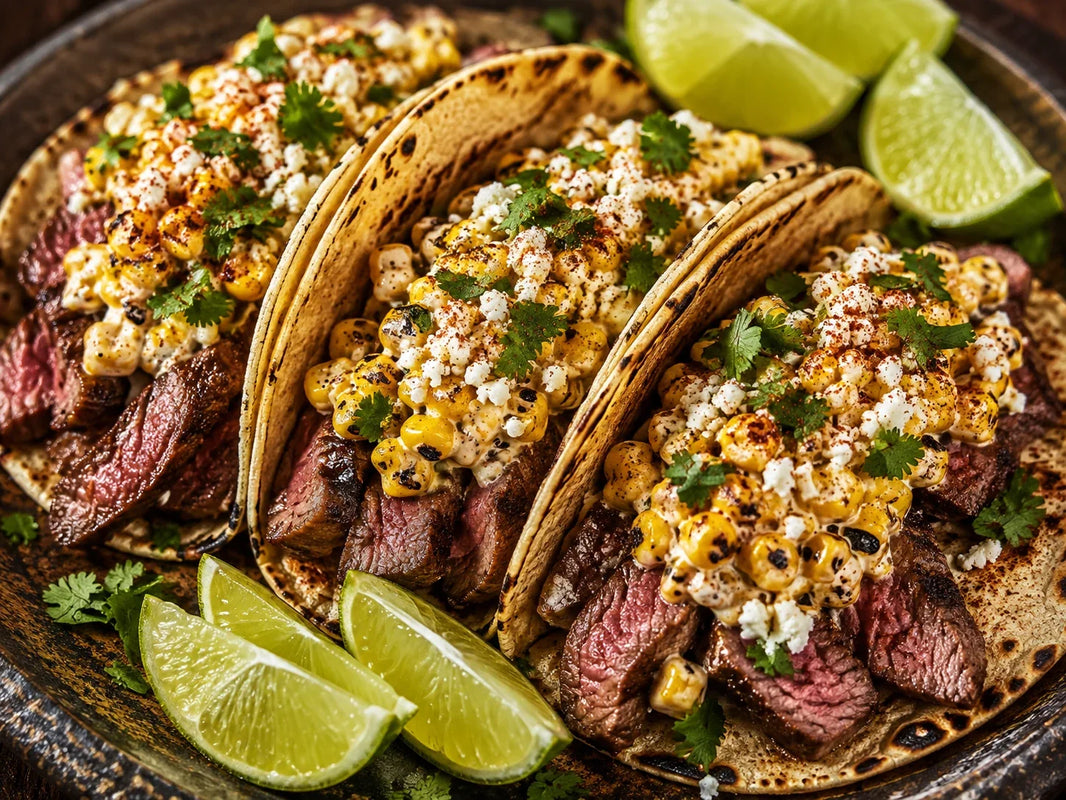 Wagyu top sirloin tacos with charred street corn, cotija cheese, cilantro, and lime
