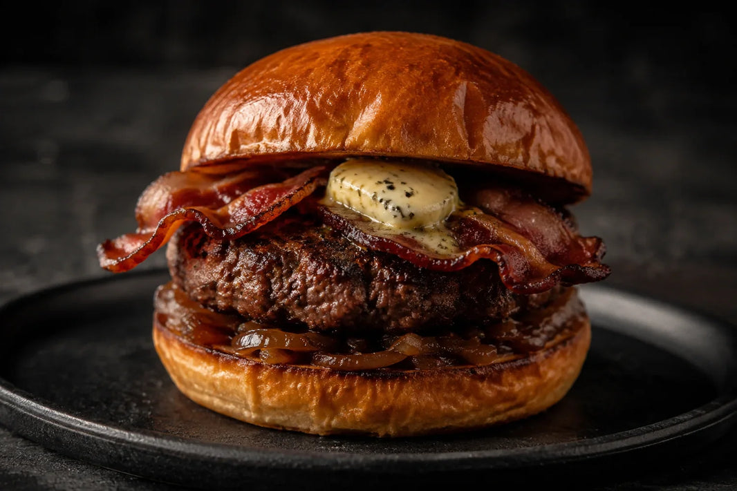 Maple-sage Wagyu burger with melting truffle butter, crispy bacon, and caramelized onions