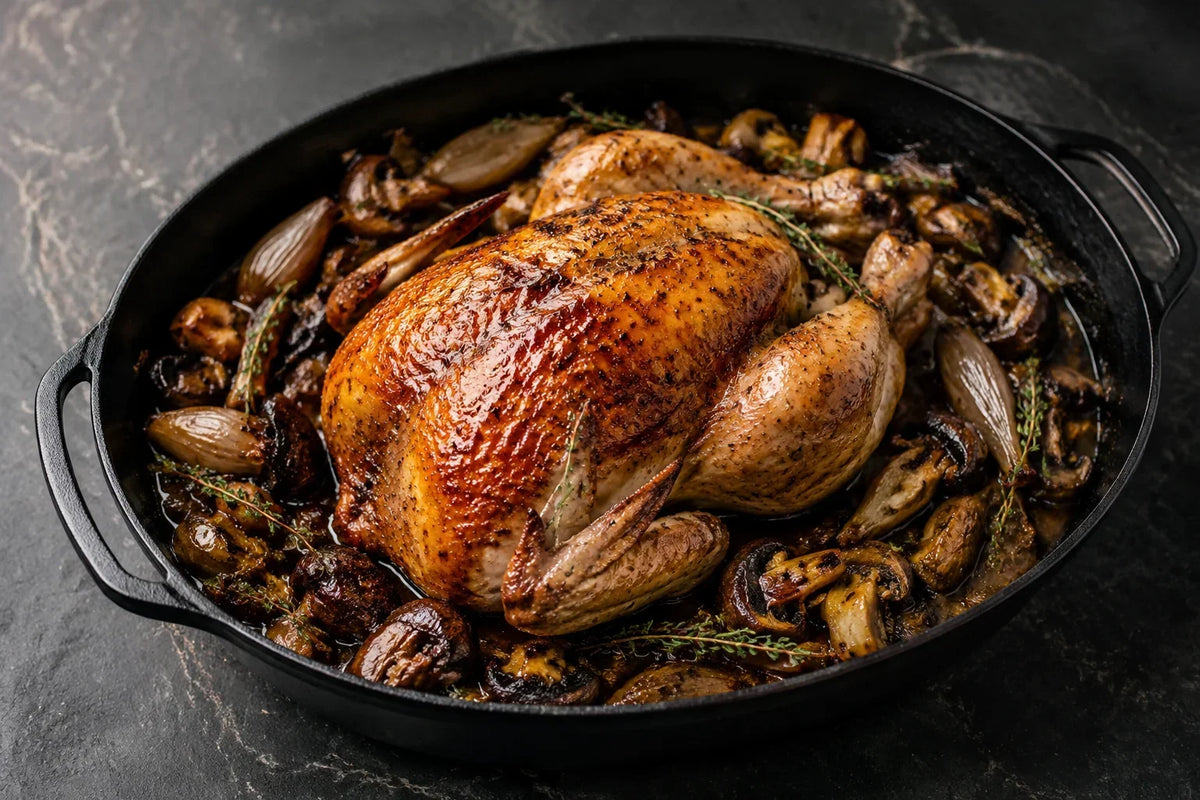 Whole roasted chicken with wild mushrooms, thyme and glossy poultry demi-glace sauce in a cast-iron pan