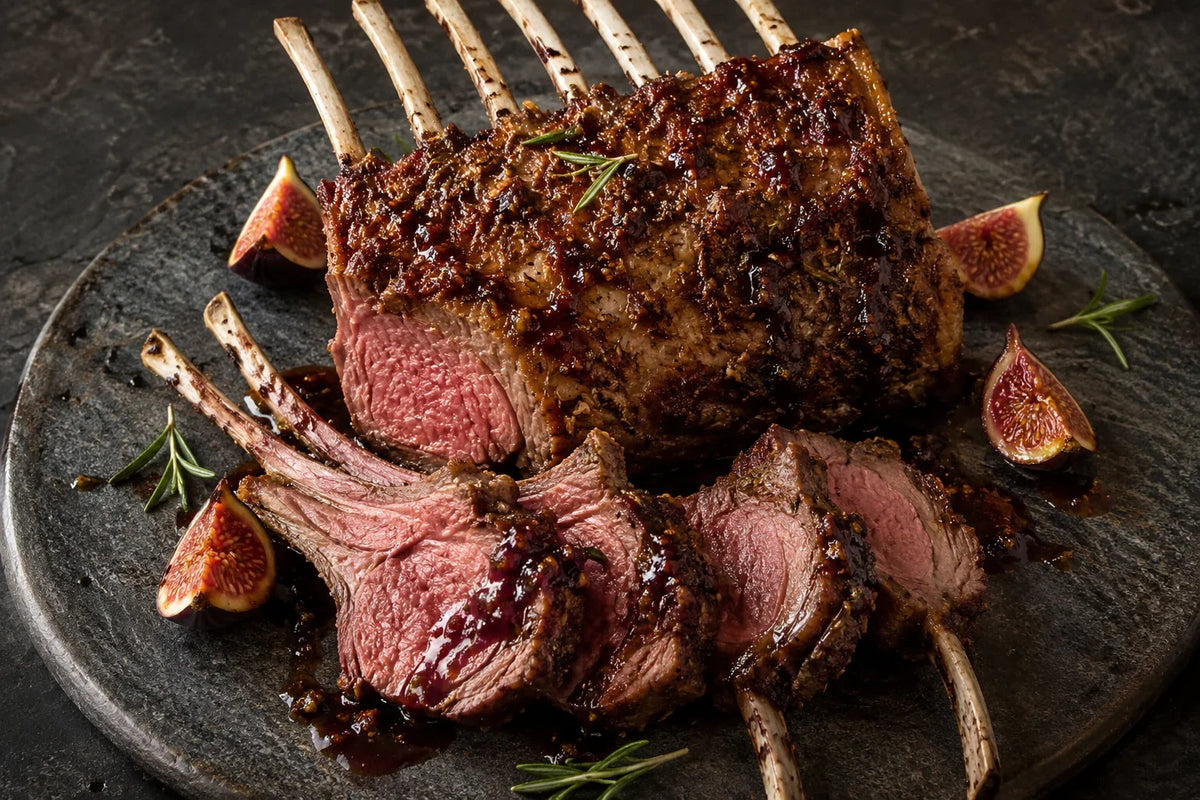Rosemary-Mojo rack of lamb with fresh figs and glossy pomegranate glaze