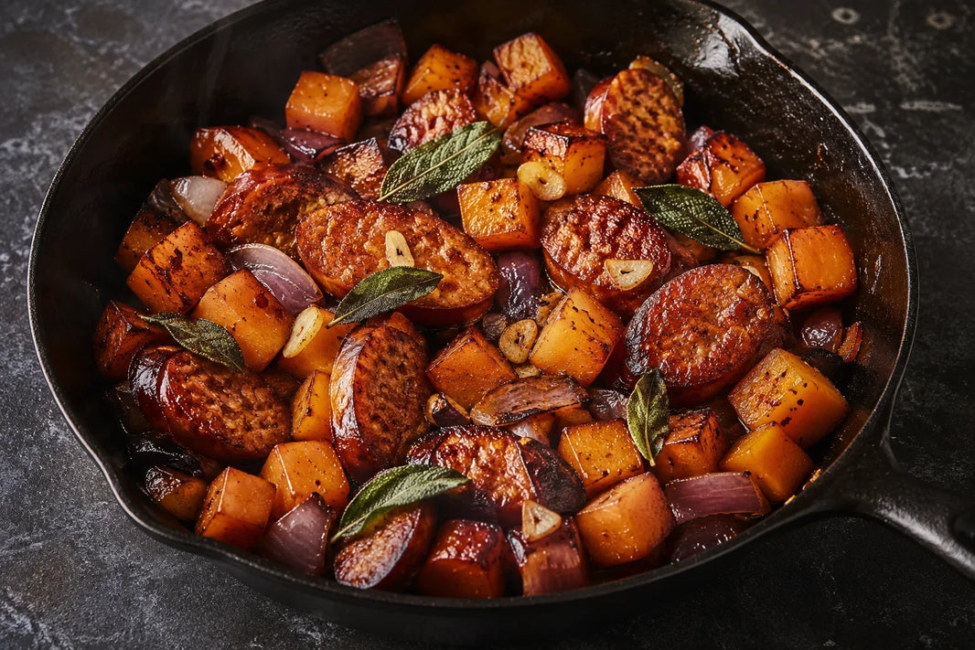 Smoked andouille and butternut squash skillet hash with red onion, garlic, and crispy sage
