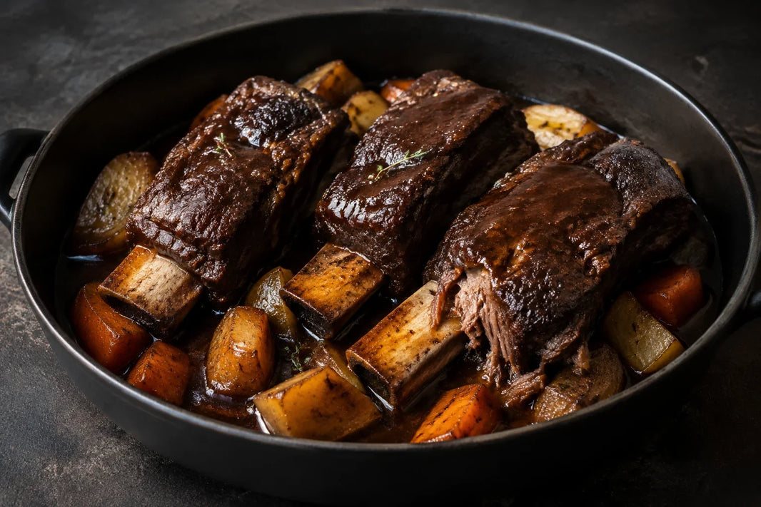Stout-braised bone-in beef short ribs with veal demi-glace and root vegetables