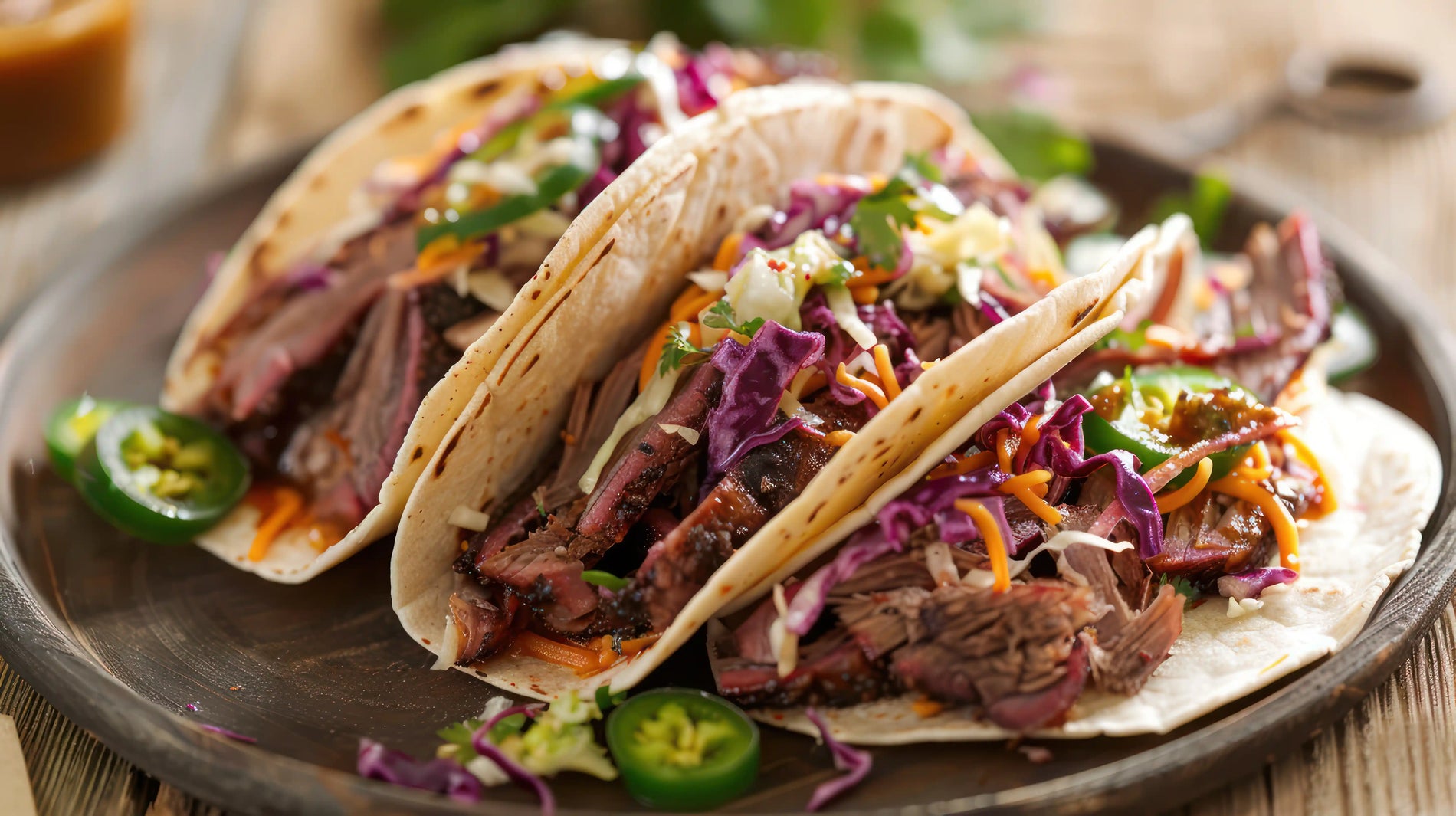 Grilled tequila-marinated steak tacos topped with fresh cilantro and served with lime wedges and tortillas.