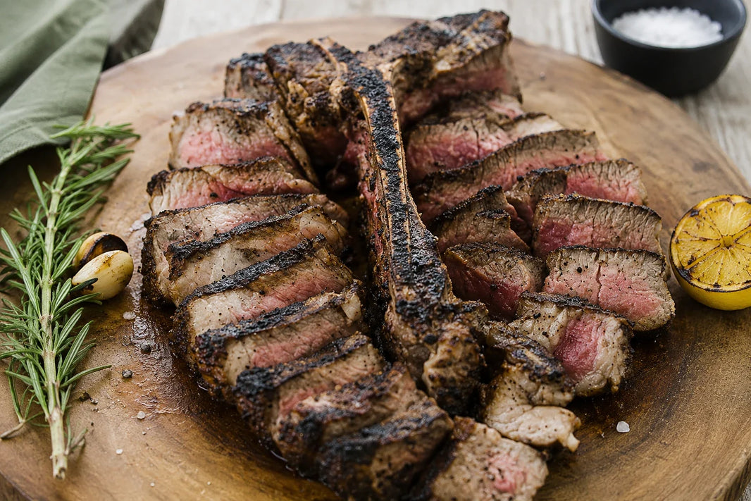 Sliced Wagyu Porterhouse alla Fiorentina with grilled lemon, garlic, and fresh rosemary 