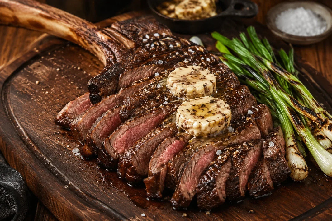 Wagyu tomahawk steak with bone marrow butter and charred scallions